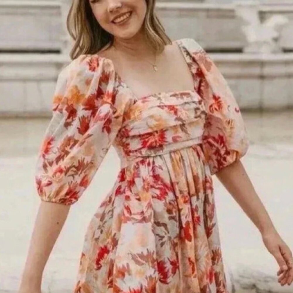 Abercrombie & Fitch Emerson Mini Dress Poplin Puff Sleeves Floral‎ Smocked Sz SM